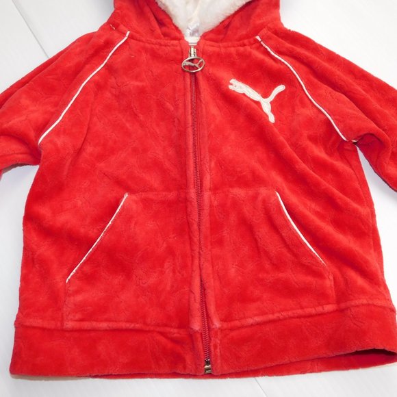 PUMA Girls 18 Month Red Velour Full Zip Hoodie / Track Jacket White Trim - Picture 6 of 10